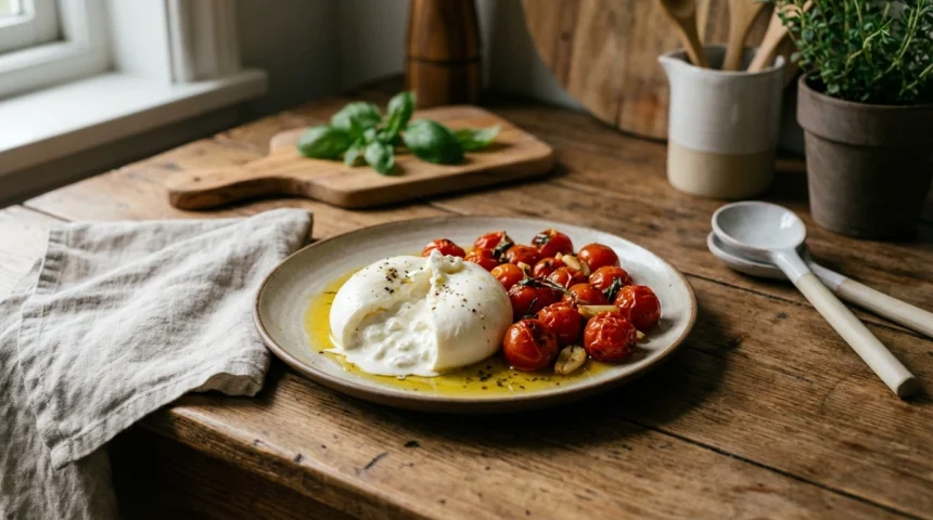 Burrata y tomates confitados 1 disfruta de la cremosidad de la burrata combinada con el sabor dulce y concentrado de los tomates confitados, una receta perfecta para cualquier ocasión.