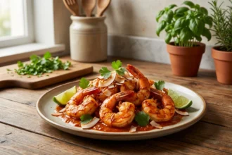 delicious shrimp recipe in coconut and guajillo chili sauce, combines traditional Mexican flavors with a tropical and creamy touch.