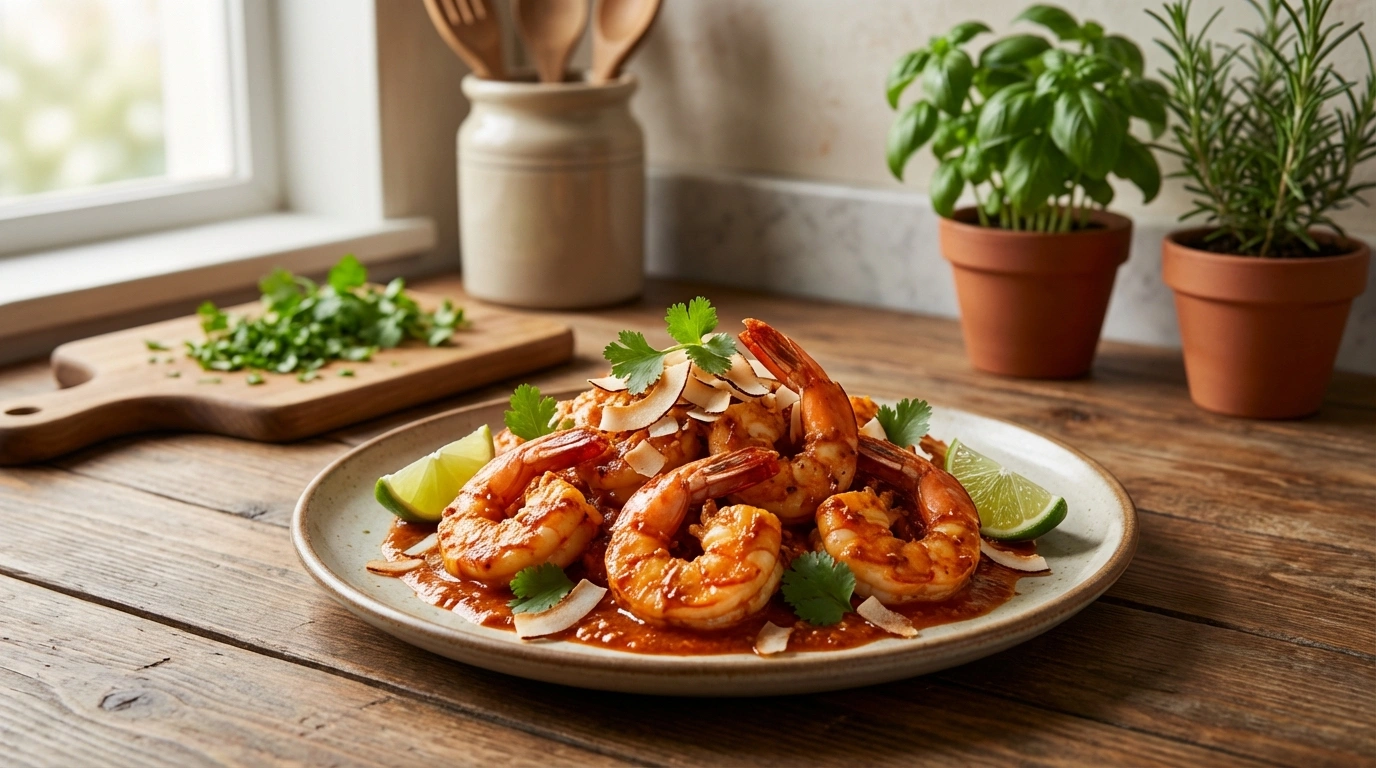 delicious shrimp recipe in coconut and guajillo chili sauce, combines traditional Mexican flavors with a tropical and creamy touch.