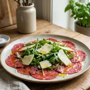 delicioso carpaccio de res acompañado de arúgula fresca, una entrada ligera y sofisticada ideal para cualquier ocasión.