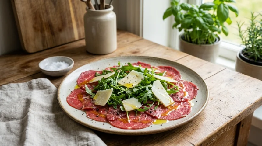 Carpaccio de res con arúgula 1 delicious beef carpaccio accompanied by fresh arugula, a light and sophisticated appetizer ideal for any occasion.