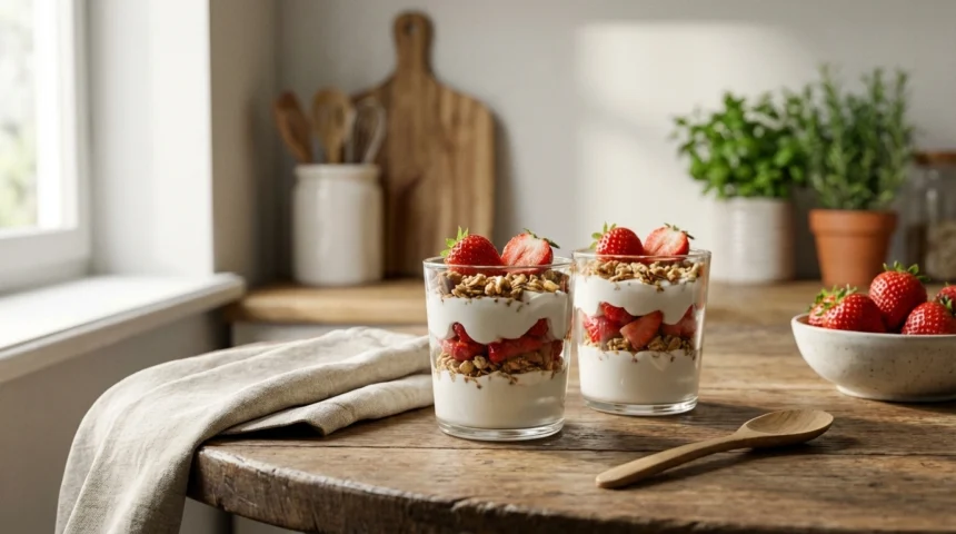 disfruta de nuestras deliciosas copas de fresas con yogurt, una opción fresca y saludable perfecta para cualquier momento del día.