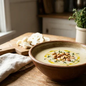 deliciosa crema de coliflor y almendra, una receta saludable y fácil de preparar que combina sabor y nutrición en cada cucharada.