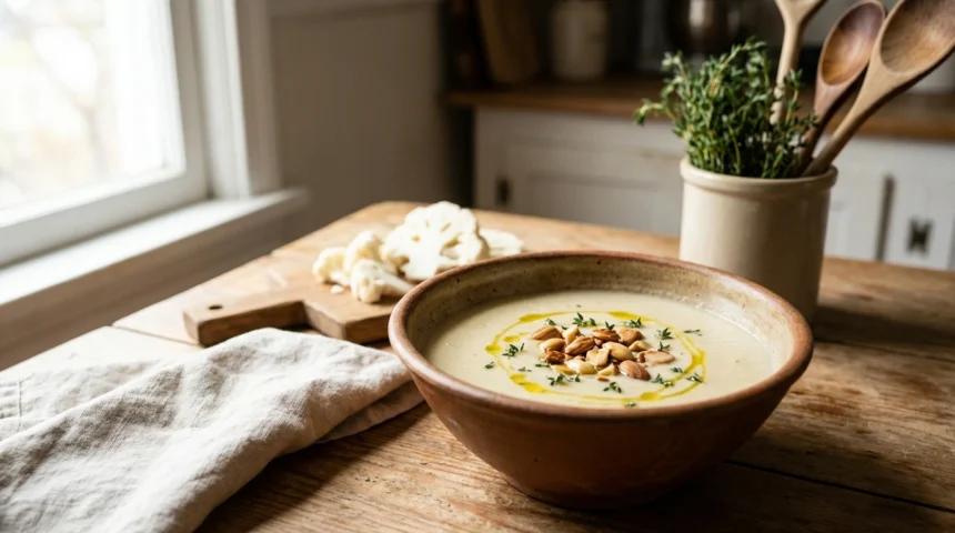 Crema de coliflor y almendra 1 deliciosa crema de coliflor y almendra, una receta saludable y fácil de preparar que combina sabor y nutrición en cada cucharada.