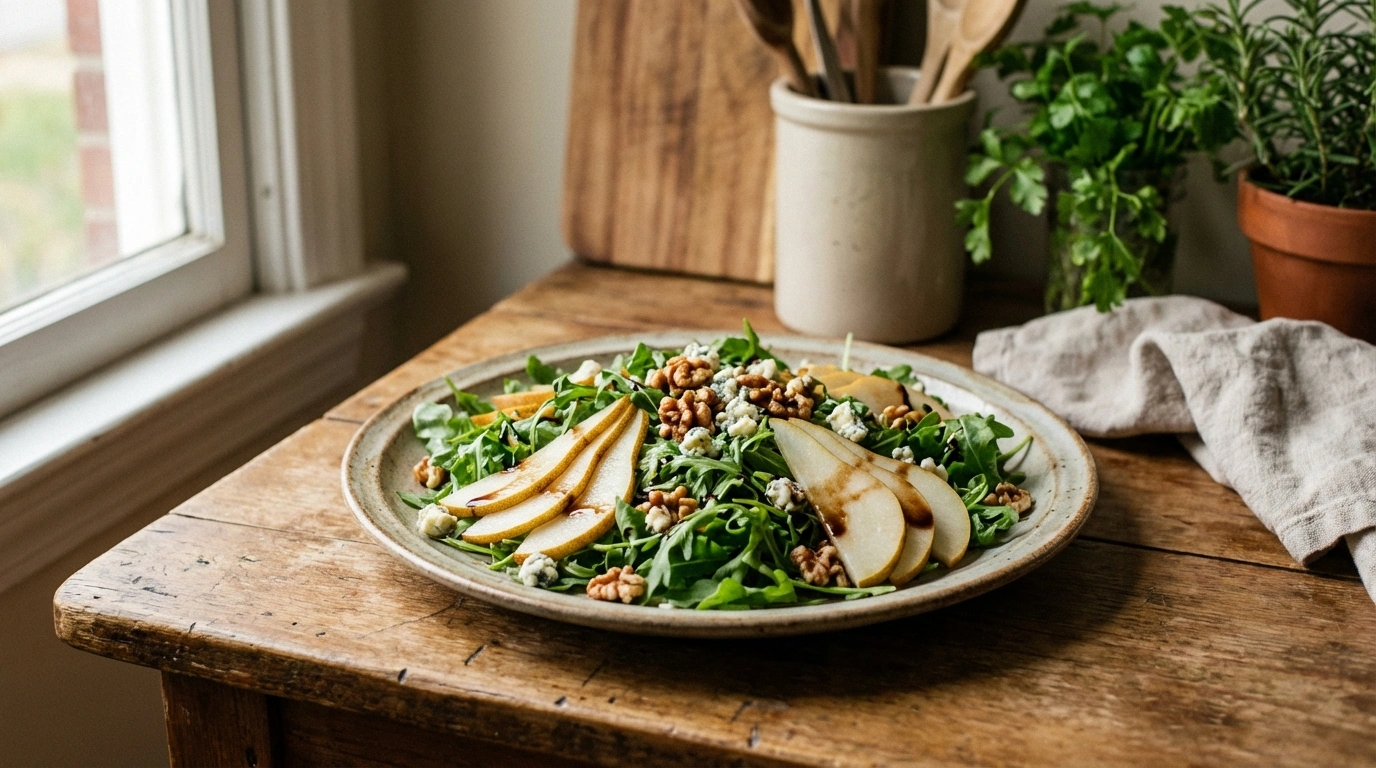 descubre una deliciosa ensalada de arúgula y pera, perfecta para una comida fresca y saludable. combina sabores frescos y crujientes en cada bocado.