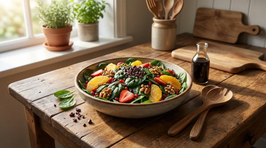 Ensalada de espinaca y cacao 1 deliciosa ensalada de espinaca fresca combinada con un toque único de cacao, ideal para una comida saludable y llena de sabor.