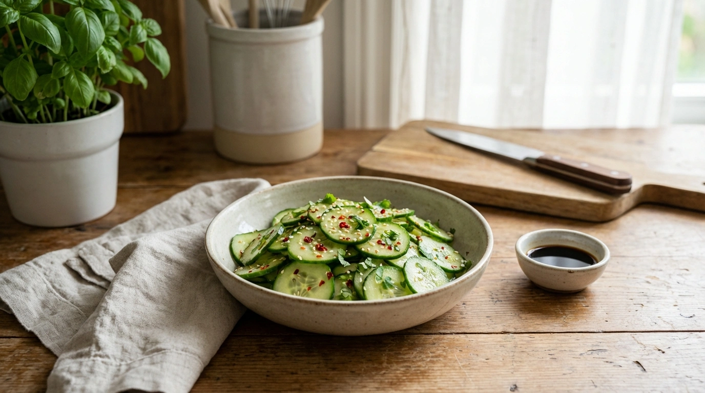 deliciosa ensalada de pepino asiática, fresca y crujiente, perfecta para acompañar tus platos favoritos con un toque oriental.