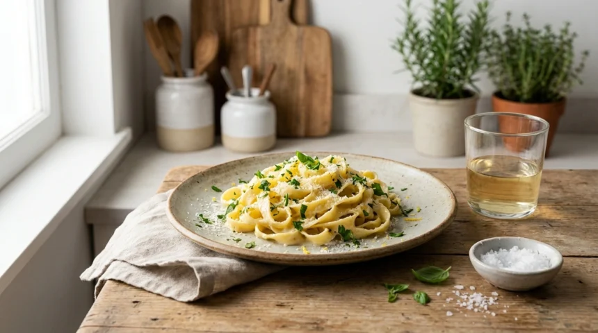 Fettuccine al limón y vino 1 deliciosa receta de fettuccine al limón y vino, perfecta para una comida fresca y elegante. aprende a preparar este plato fácil y lleno de sabor mediterráneo.