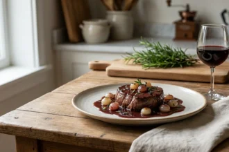 delicioso filete de res cocinado al vino tinto, una receta clásica que combina sabor y elegancia para cualquier ocasión especial.