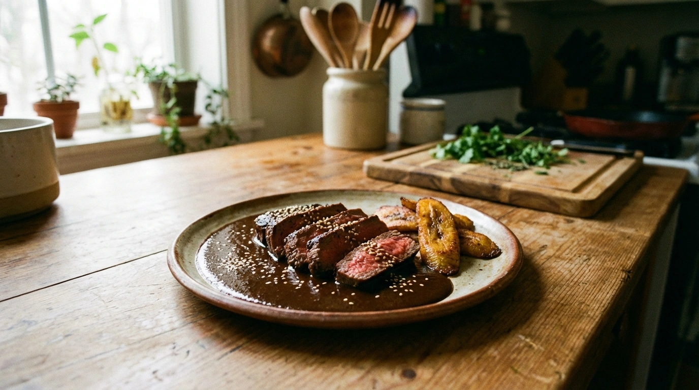 delicioso filete de res acompañado de un auténtico mole de chocolate, una combinación tradicional y exquisita que realza los sabores mexicanos en cada bocado.