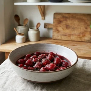 deliciosas fresas maceradas en vino tinto con un toque picante de pimienta, ideales para un postre sofisticado y original.