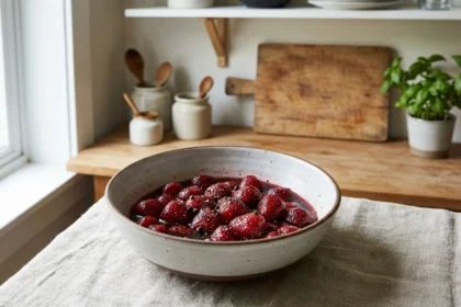 deliciosas fresas maceradas en vino tinto con un toque picante de pimienta, ideales para un postre sofisticado y original.