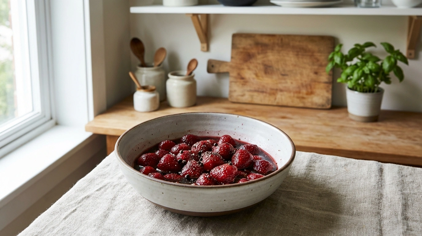 deliciosas fresas maceradas en vino tinto con un toque picante de pimienta, ideales para un postre sofisticado y original.