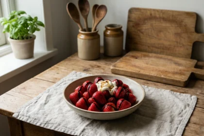 deliciosas fresas frescas combinadas con balsámico y crema suave, un postre elegante y fácil de preparar para cualquier ocasión.