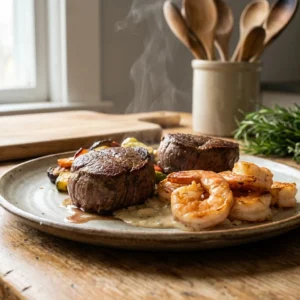 deliciosos medallones de res acompañados de camarones frescos, una combinación perfecta para los amantes de la carne y el marisco.