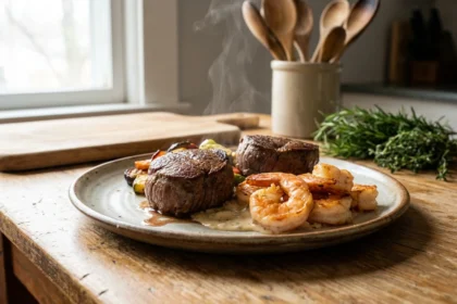 deliciosos medallones de res acompañados de camarones frescos, una combinación perfecta para los amantes de la carne y el marisco.