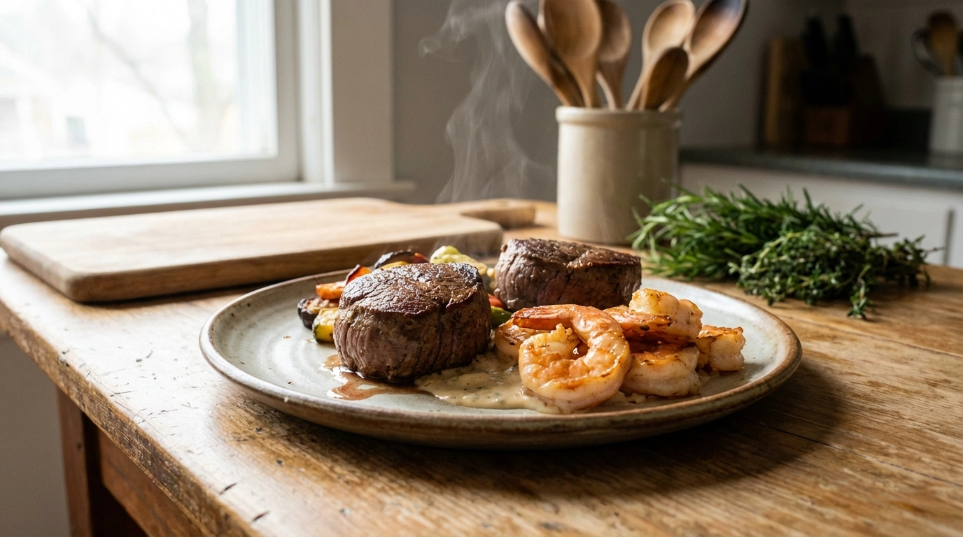 delicious beef medallions accompanied by fresh shrimp, a perfect combination for meat and seafood lovers.