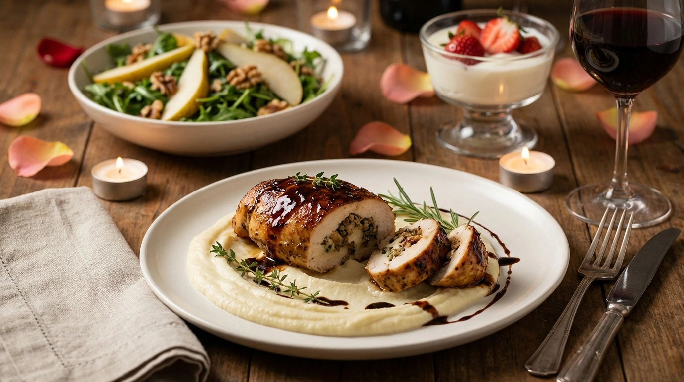 disfruta un romántico menú de san valentín en casa con delicioso pollo relleno acompañado de una suave crema de coliflor. perfecto para una cena especial.