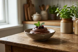 deliciosa mousse de chocolate oscuro, cremosa y perfecta para los amantes del chocolate intenso. disfruta de un postre elegante y lleno de sabor.