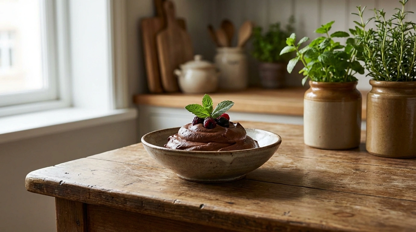 delicious dark chocolate mousse, creamy and perfect for lovers of intense chocolate. enjoy an elegant and flavorful dessert.