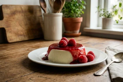 deliciosa panna cotta con salsa de frambuesa fresca, un postre cremoso y fácil de preparar que encantará a todos.