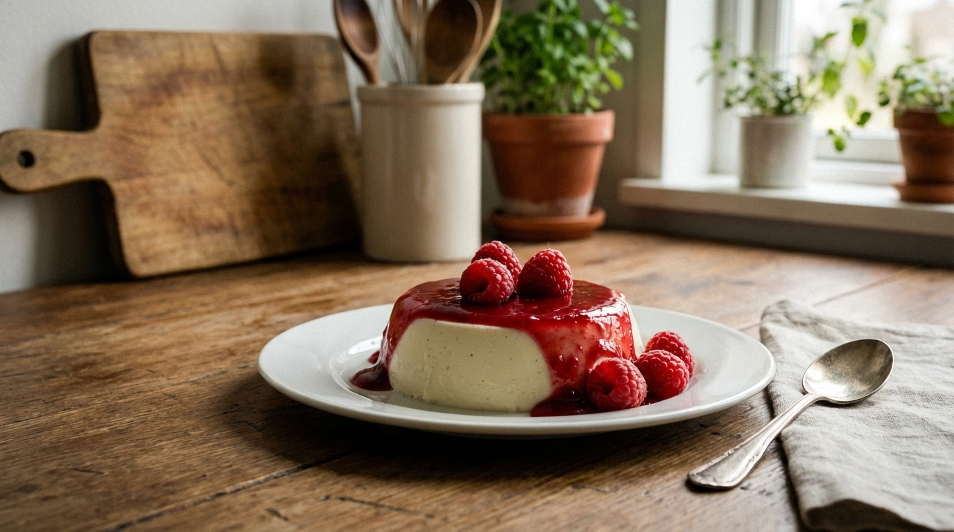 delicious panna cotta with fresh raspberry sauce, a creamy and easy-to-prepare dessert that everyone will love.