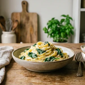 deliciosa pasta cremosa con espinaca fresca, perfecta para una comida rápida y nutritiva que combina sabor y salud en cada bocado.