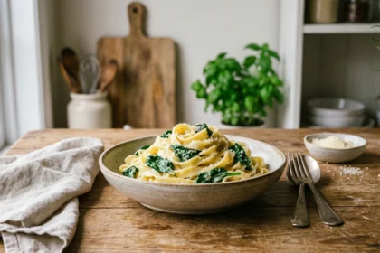 deliciosa pasta cremosa con espinaca fresca, perfecta para una comida rápida y nutritiva que combina sabor y salud en cada bocado.