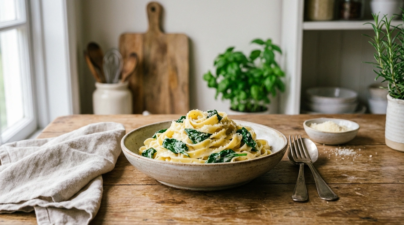 delicious creamy pasta with fresh spinach, perfect for a quick and nutritious meal that combines flavor and health in every bite.