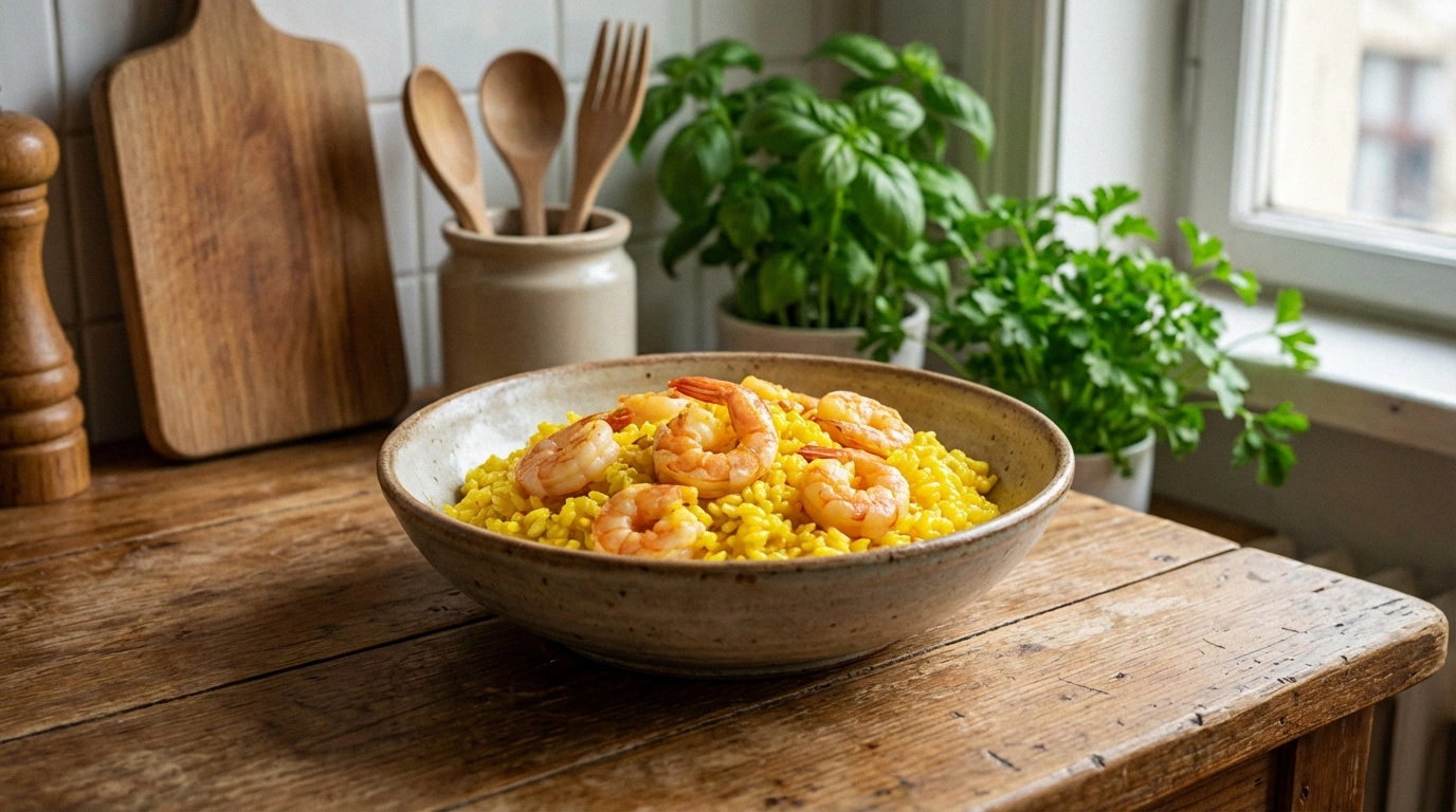 delicioso risotto de azafrán con camarones frescos, una receta fácil y perfecta para sorprender a tus invitados con sabores mediterráneos.