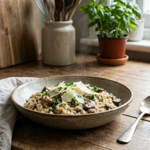 delicioso risotto de champiñones cremoso y fácil de preparar, perfecto para los amantes de la comida italiana y los sabores naturales.