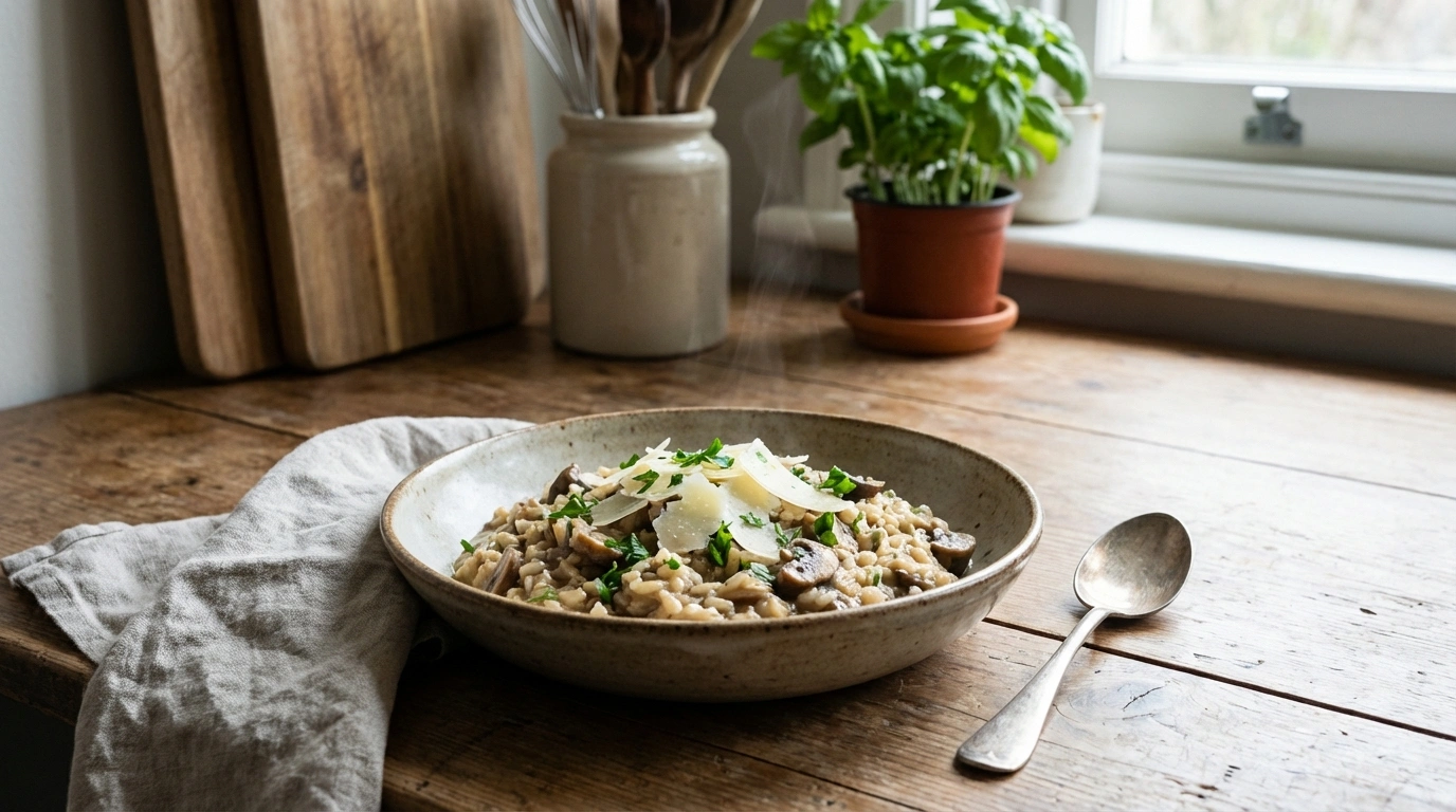 delicious creamy and easy-to-prepare mushroom risotto, perfect for lovers of Italian food and natural flavors.