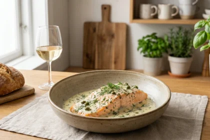 delicioso salmón en salsa de vino blanco, una receta fácil y sofisticada que combina sabores frescos y elegantes para sorprender en cualquier ocasión.