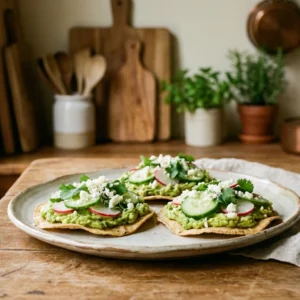 deliciosas tostaditas de aguacate y pepino, perfectas para un snack fresco y saludable. disfruta de una combinación de sabores naturales y textura crujiente en cada bocado.