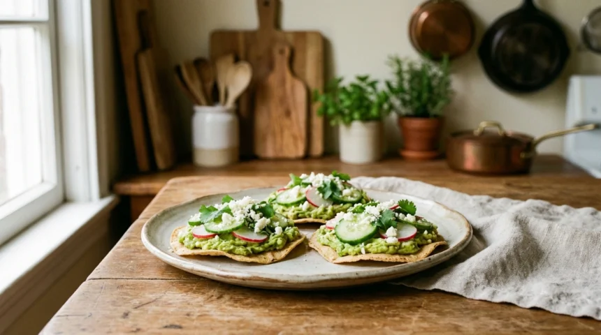 Tostaditas de aguacate y pepino 1 deliciosas tostaditas de aguacate y pepino, perfectas para un snack fresco y saludable. disfruta de una combinación de sabores naturales y textura crujiente en cada bocado.