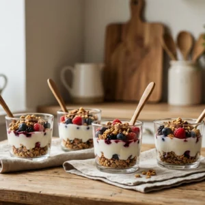 deliciosos vasitos de yogurt y granola, una mezcla perfecta para un desayuno saludable y rápido. disfruta de la combinación de yogur cremoso y crujiente granola en cada bocado.
