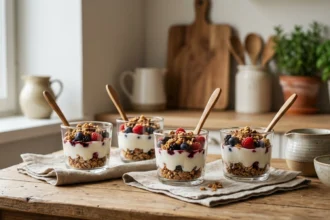 deliciosos vasitos de yogurt y granola, una mezcla perfecta para un desayuno saludable y rápido. disfruta de la combinación de yogur cremoso y crujiente granola en cada bocado.