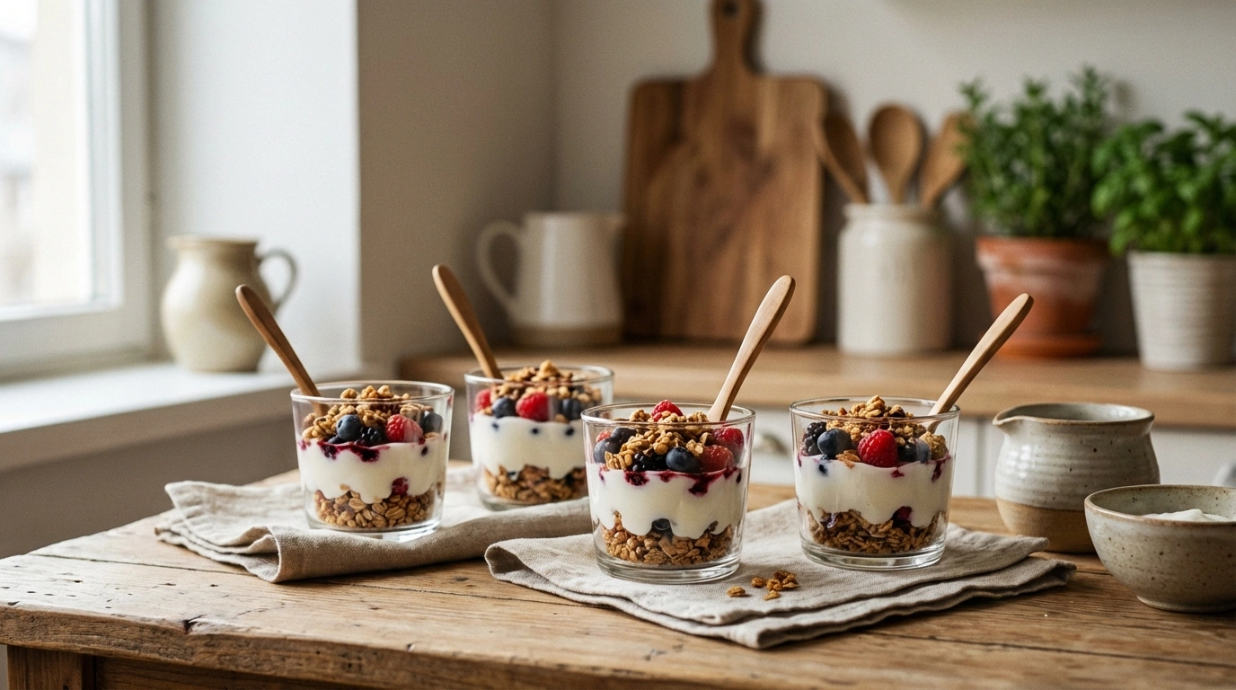 delicious yogurt and granola cups, a perfect mix for a healthy and quick breakfast. enjoy the combination of creamy yogurt and crunchy granola in every bite.