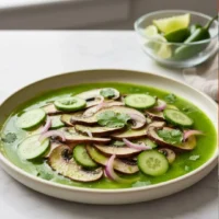Aguachile de hongos portobello en salsa verde con pepino