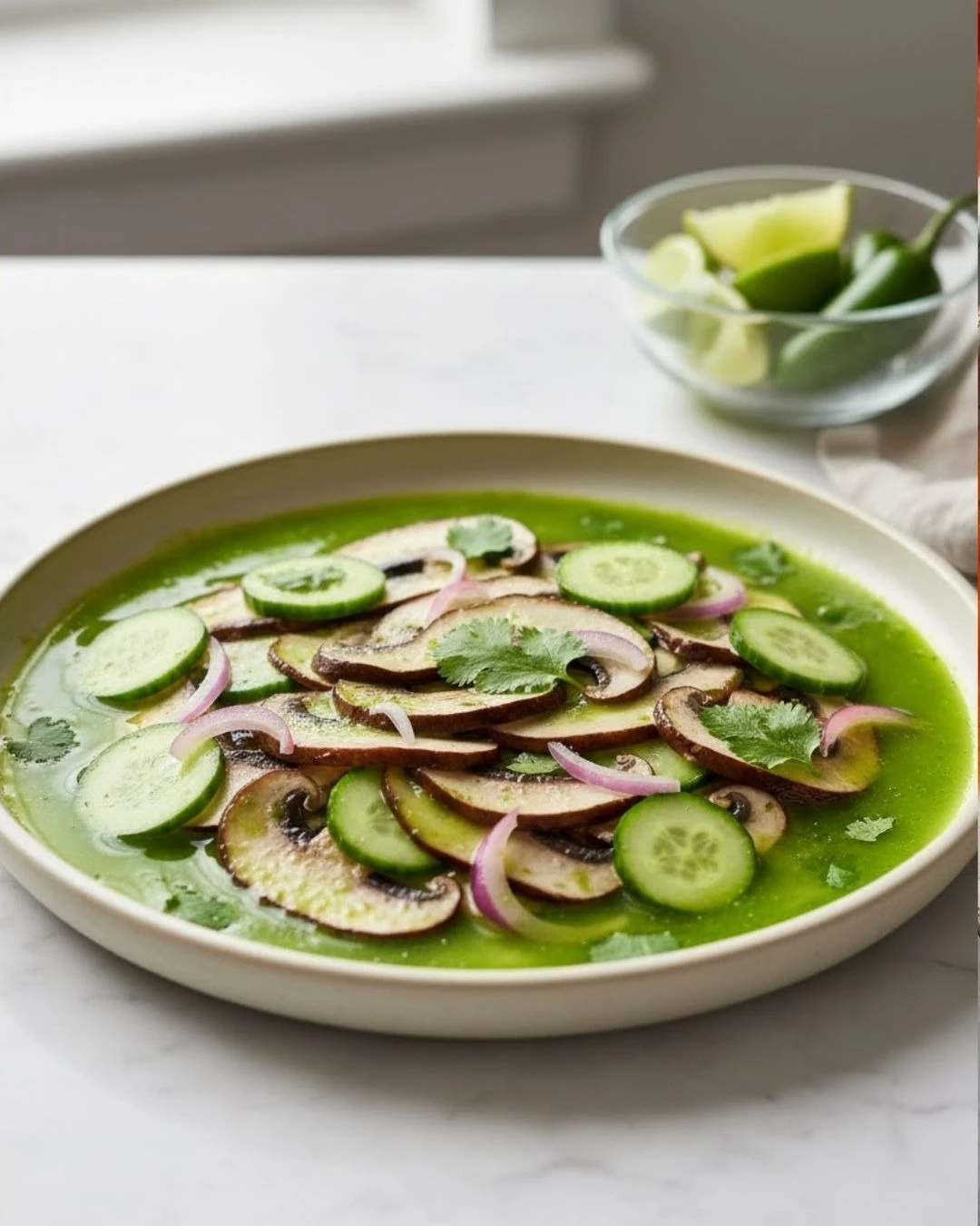 Aguachile de hongos portobello en salsa verde con pepino