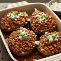 Mitades de berenjena asada rellenas de lentejas oscuras