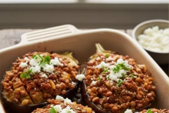 Mitades de berenjena asada rellenas de lentejas oscuras