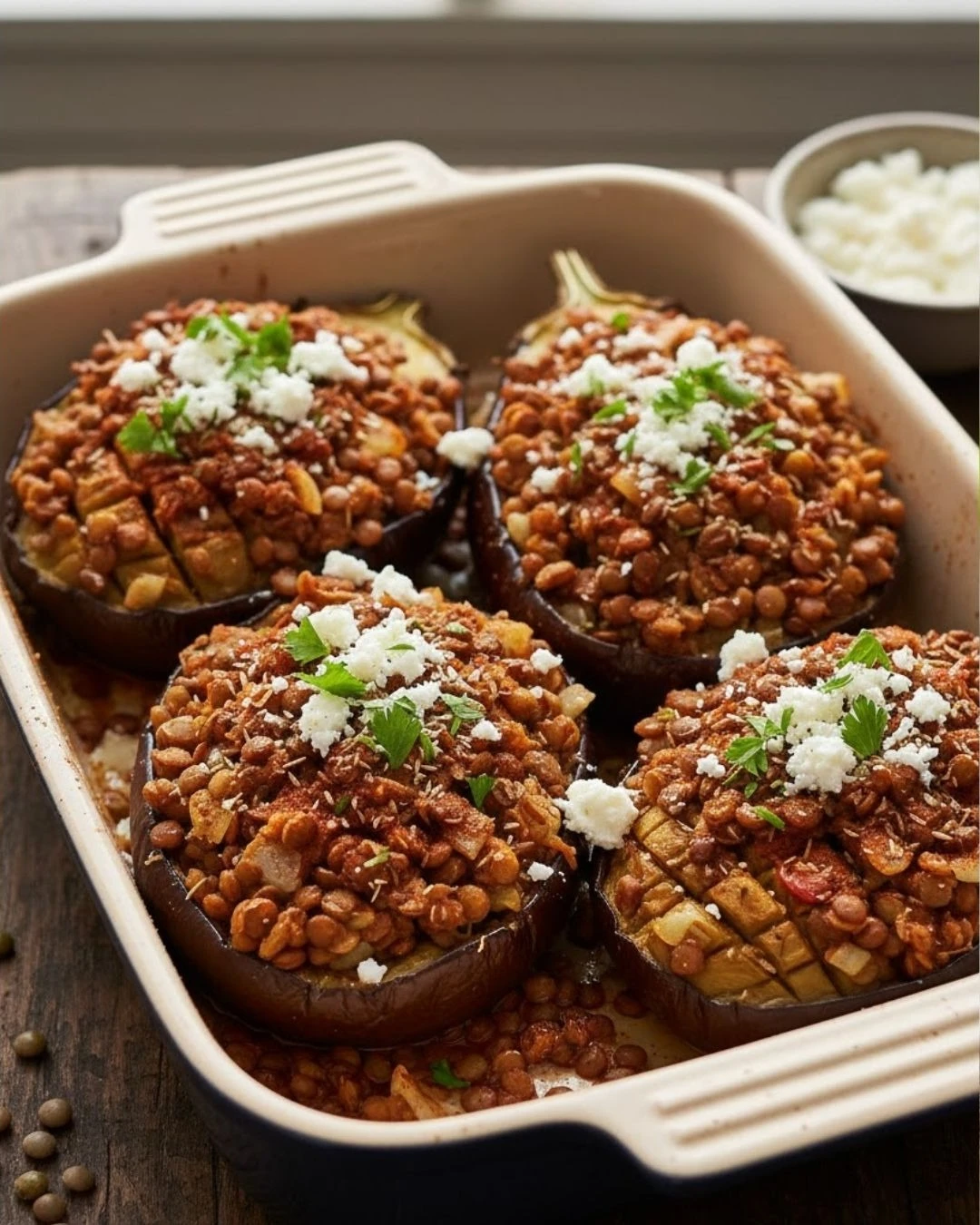 Mitades de berenjena asada rellenas de lentejas oscuras