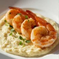 Camarones dorados sobre cama de puré de coliflor