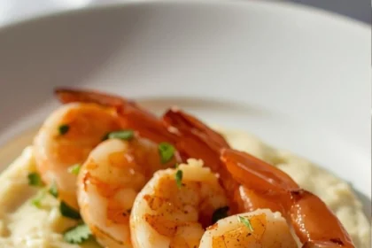 Camarones dorados sobre cama de puré de coliflor