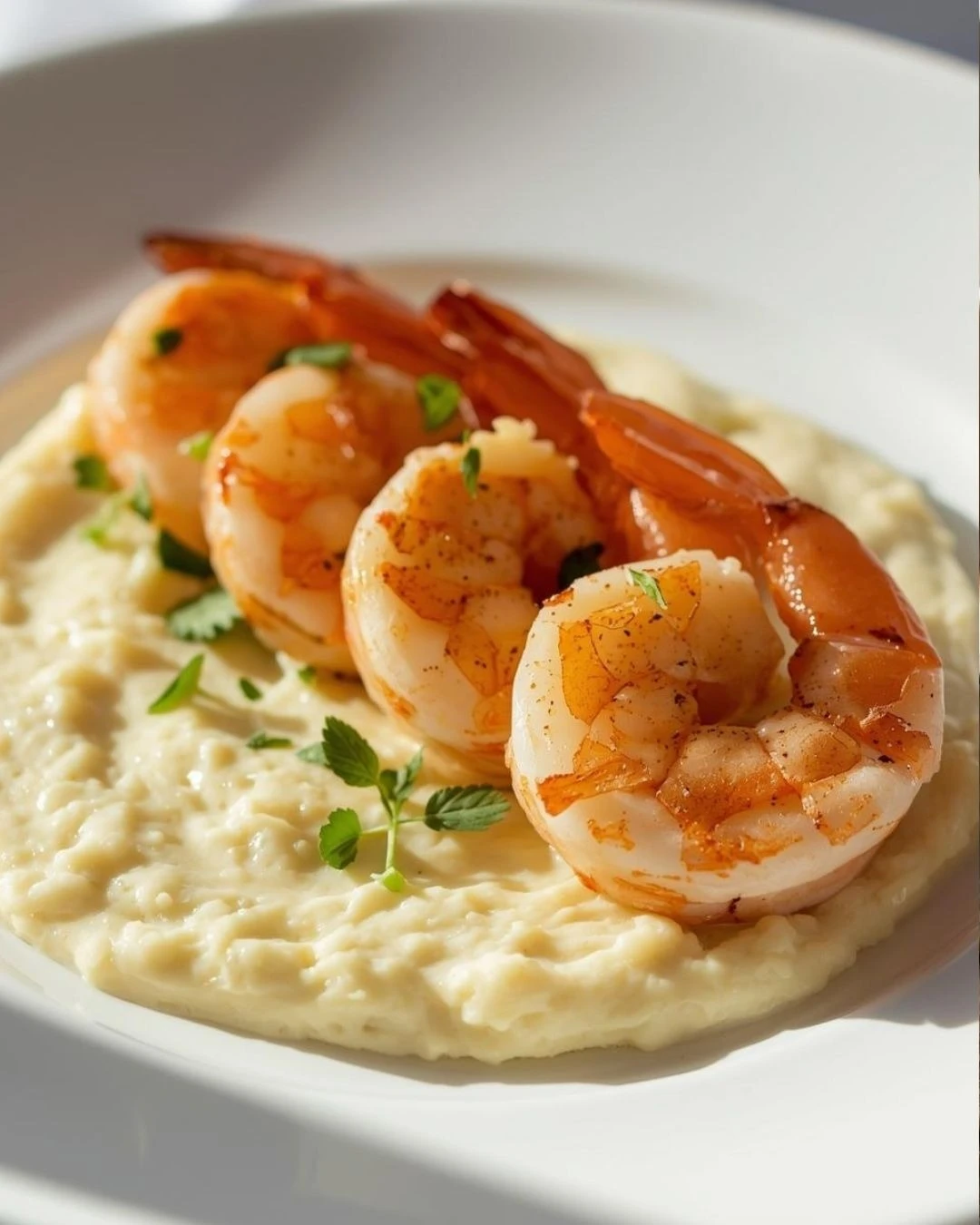 Camarones dorados sobre cama de puré de coliflor