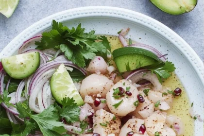 Ceviche verde de callo de hacha fresco con granada