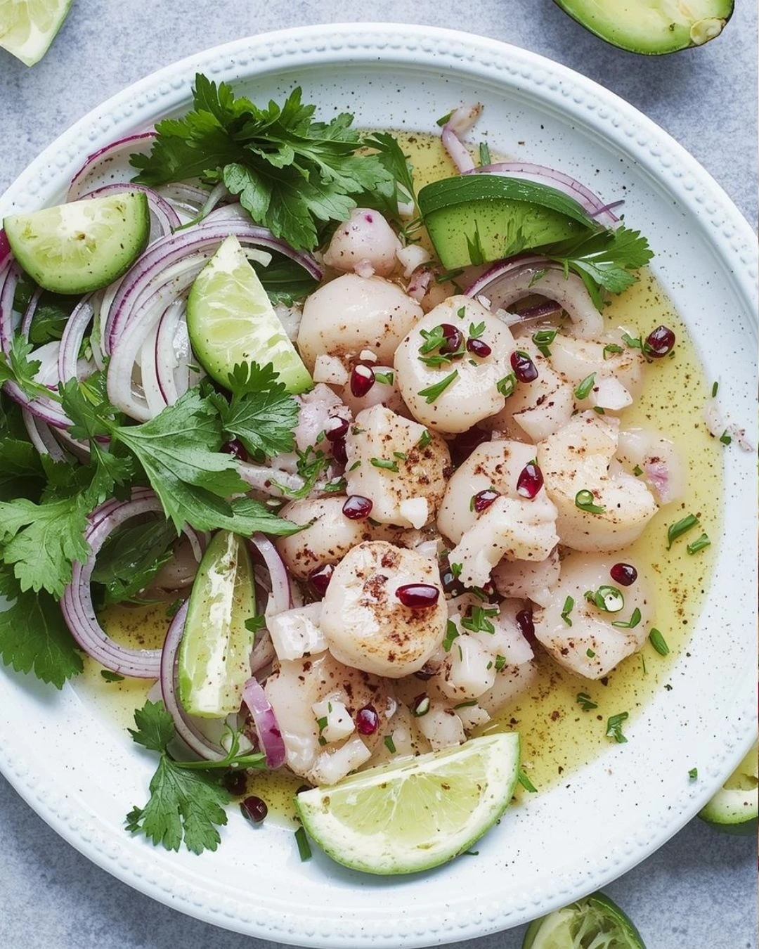 Ceviche verde de callo de hacha fresco con granada