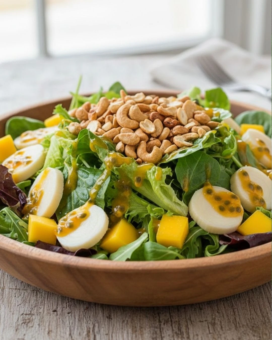 Ensalada de palmitos y mango con aderezo de maracuyá