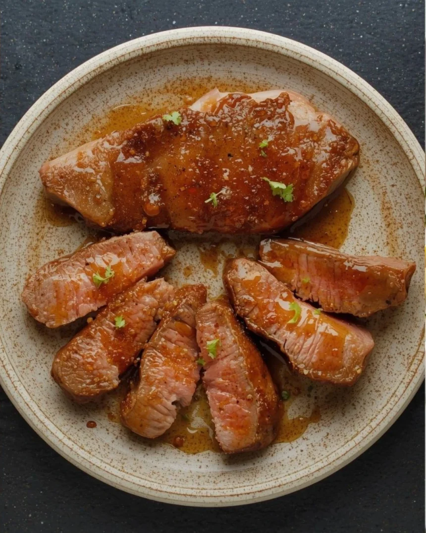 Filete de res asado bañado en salsa oscura de tamarindo